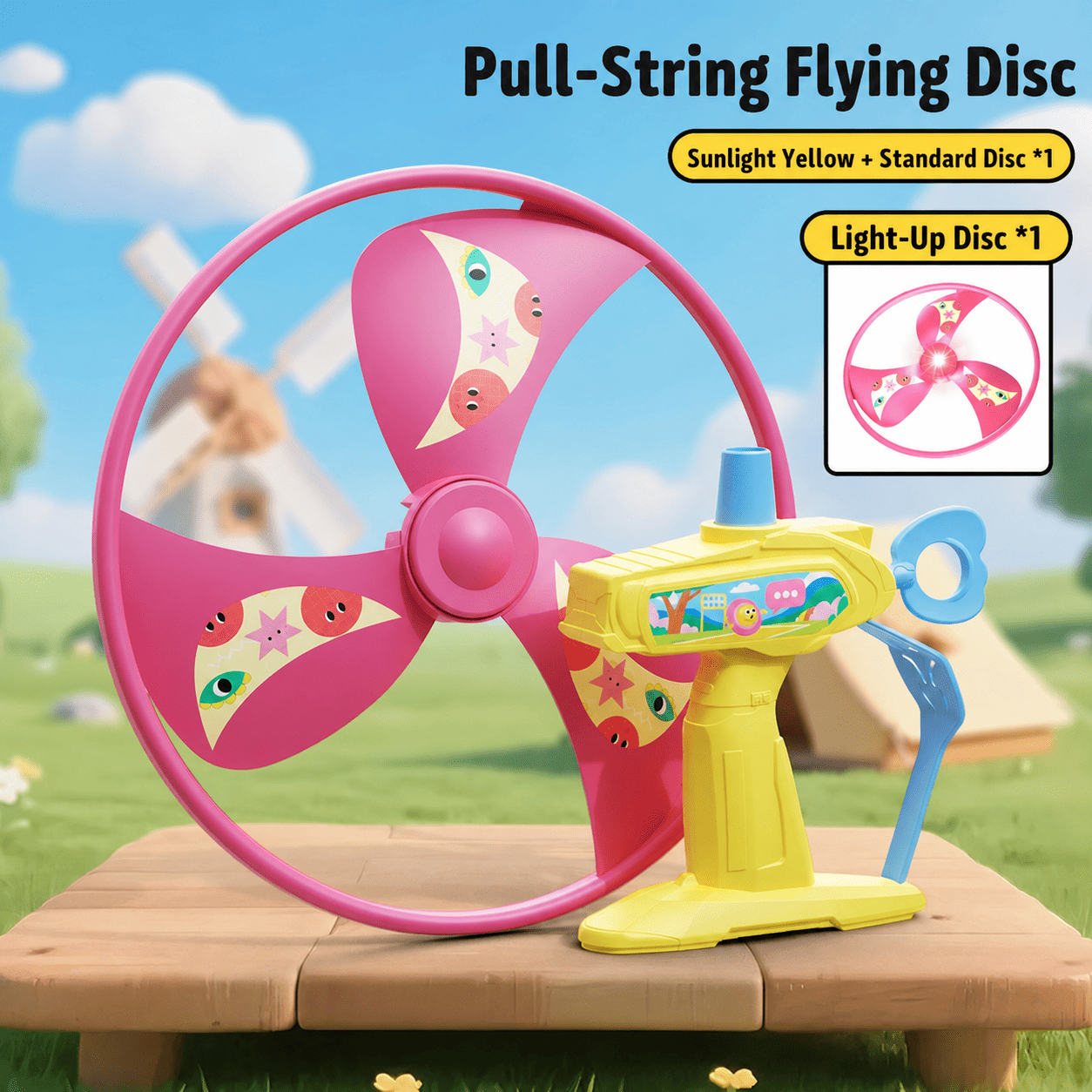 Kids Pull String Flying Disc Toy, Hand-Powered Spinning UFO Launcher for Outdoor Park Play and Party Favors