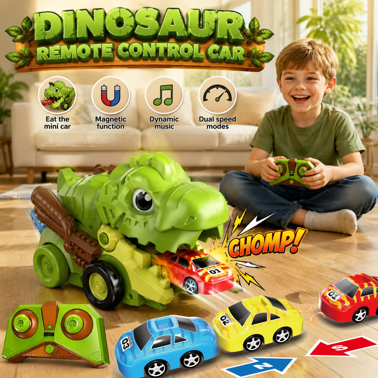 2-Player RC Eating Car Battle Dinosaur Toy – Interactive Racing Game Gift for Kids