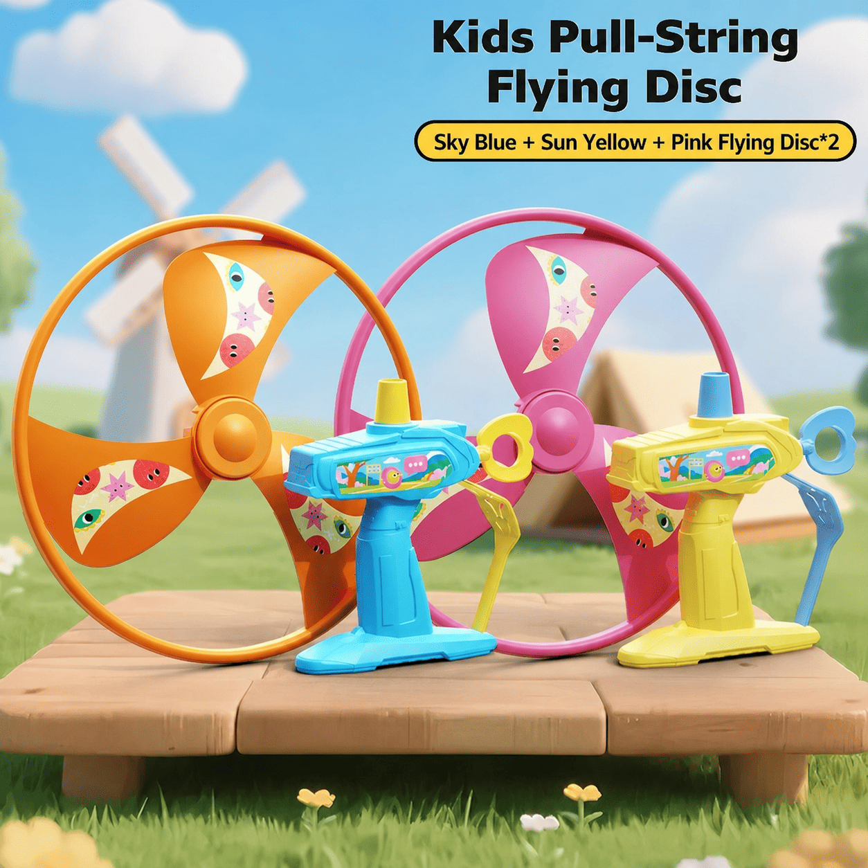 Kids Pull String Flying Disc Toy, Hand-Powered Spinning UFO Launcher for Outdoor Park Play and Party Favors