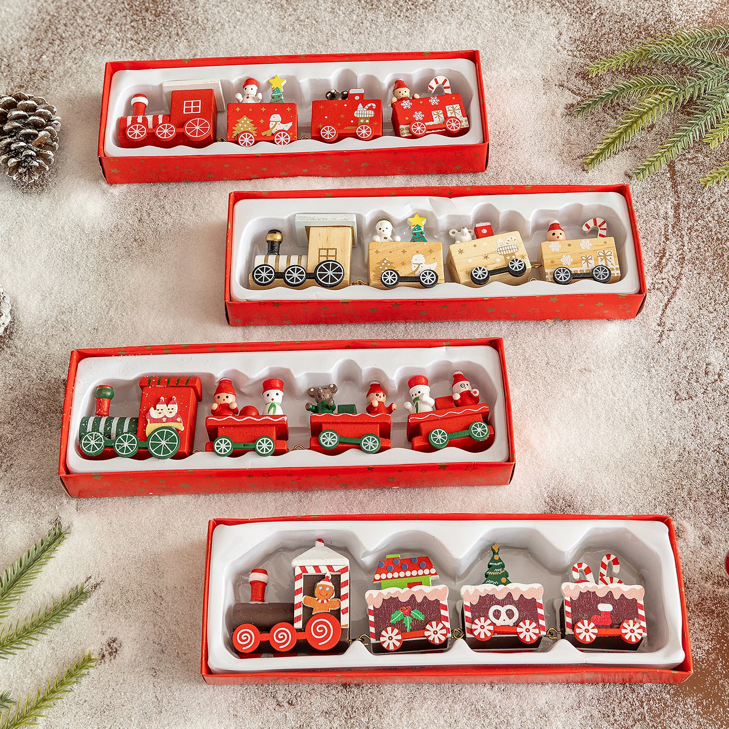 Wooden Four-Section Christmas Train DIY Scene Decoration Desktop Window Display Toy Gift for Kids Holiday Present