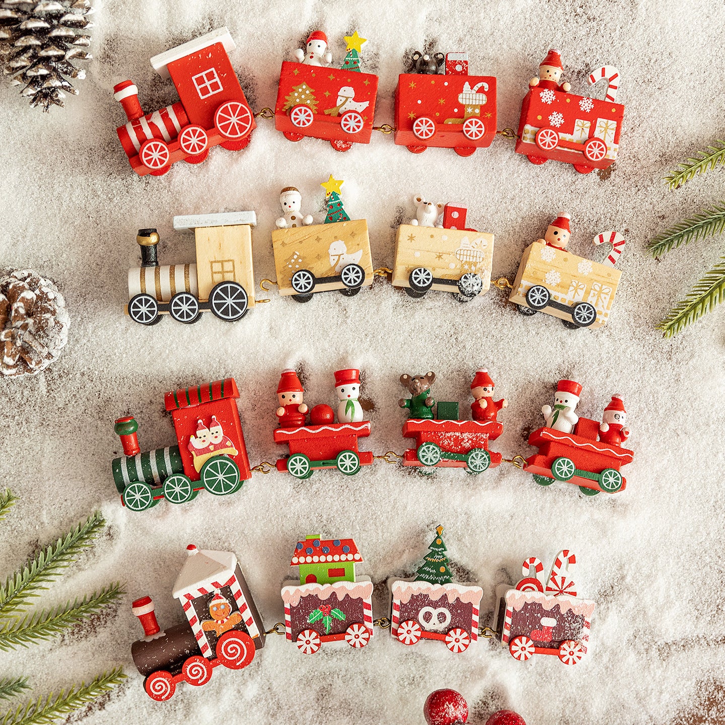 Tren de Navidad de madera de cuatro secciones, decoración de escena DIY, juguete de exhibición de ventana de escritorio, regalo para niños, presente de vacaciones