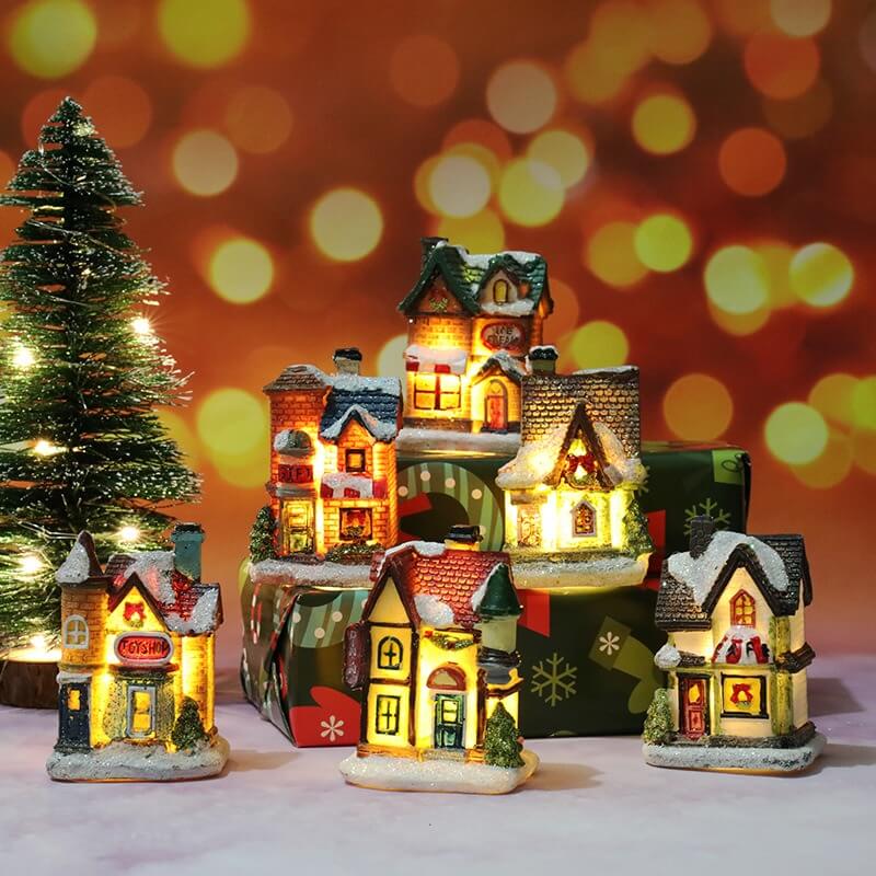 Decoraciones navideñas de resina luminosa, casa de micro paisaje, decoración navideña, adorno pequeño, juguete de regalo